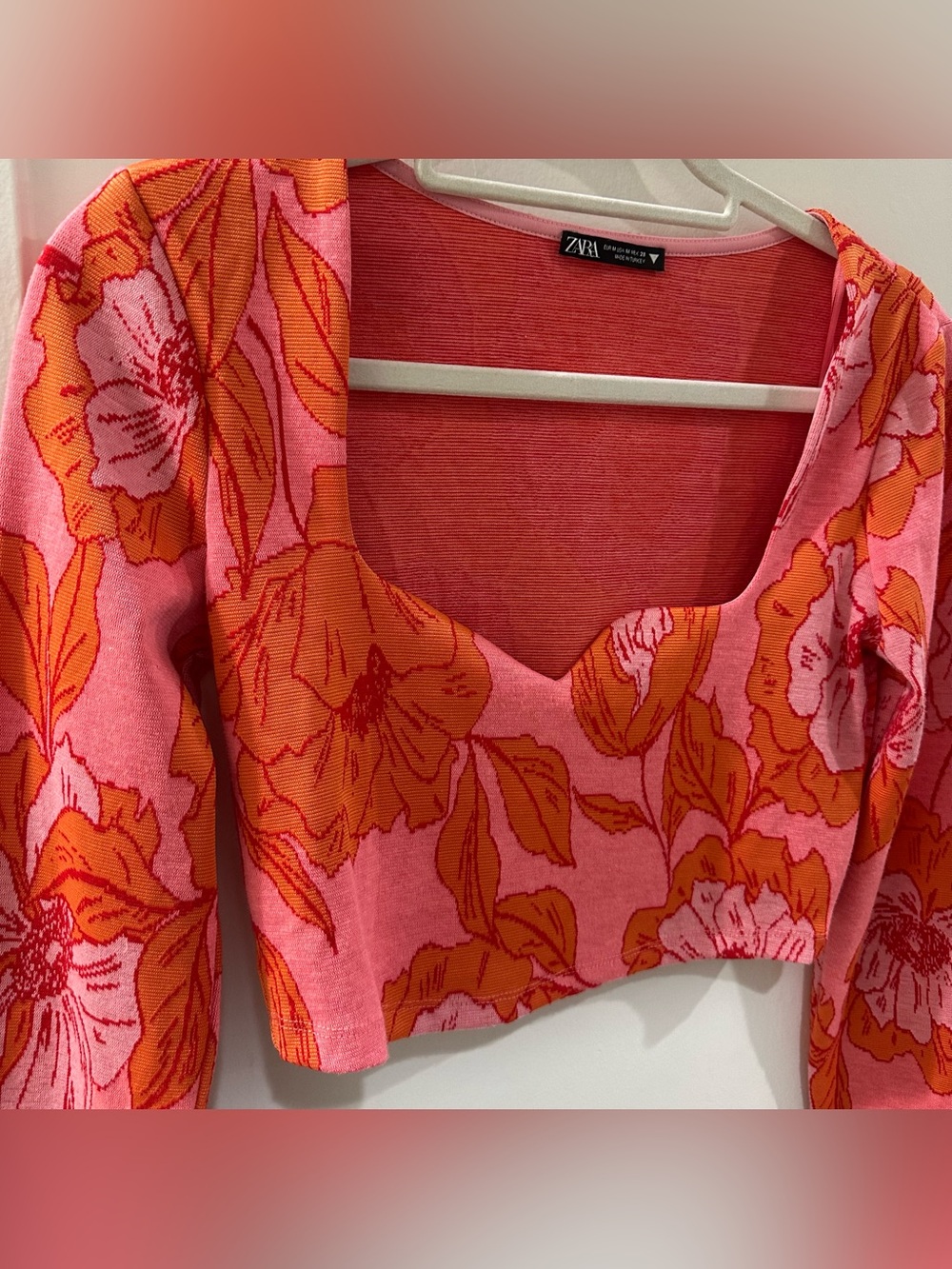 ZARA Pink and Orange Floral Knit Square-Neck Crop Top